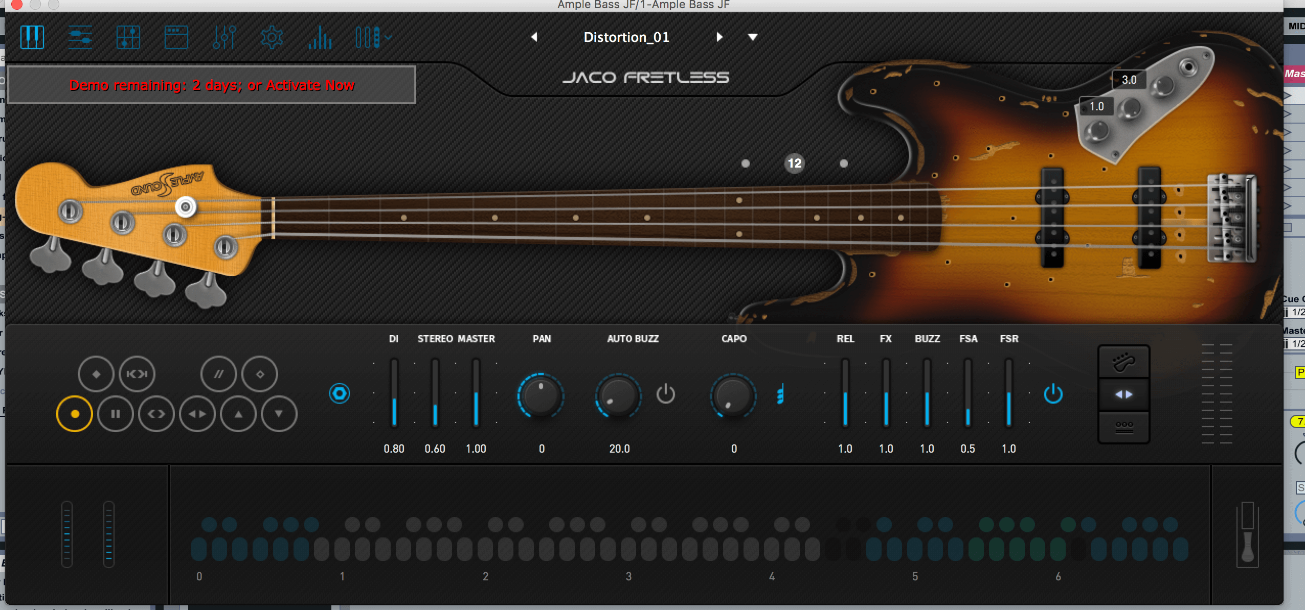 Interface of Ample Bass Guitar VST