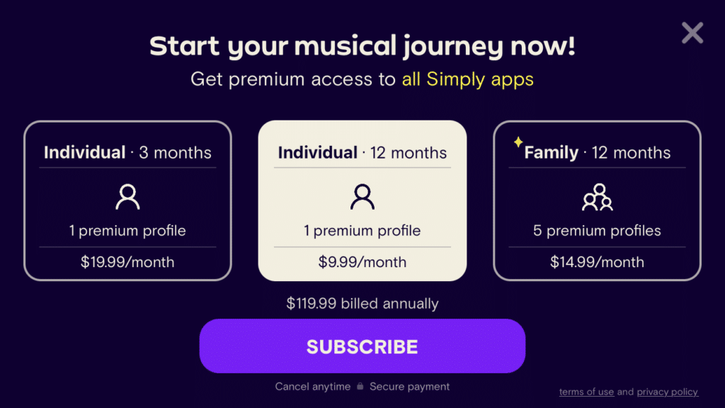 prompt to sign up to Simply Piano